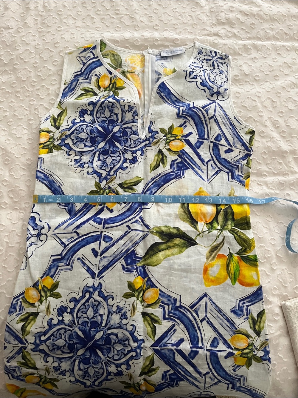 Sleeveless Lemon & Tile Print Midi Dress in White, Blue and Yellow - Picture 7 of 10
